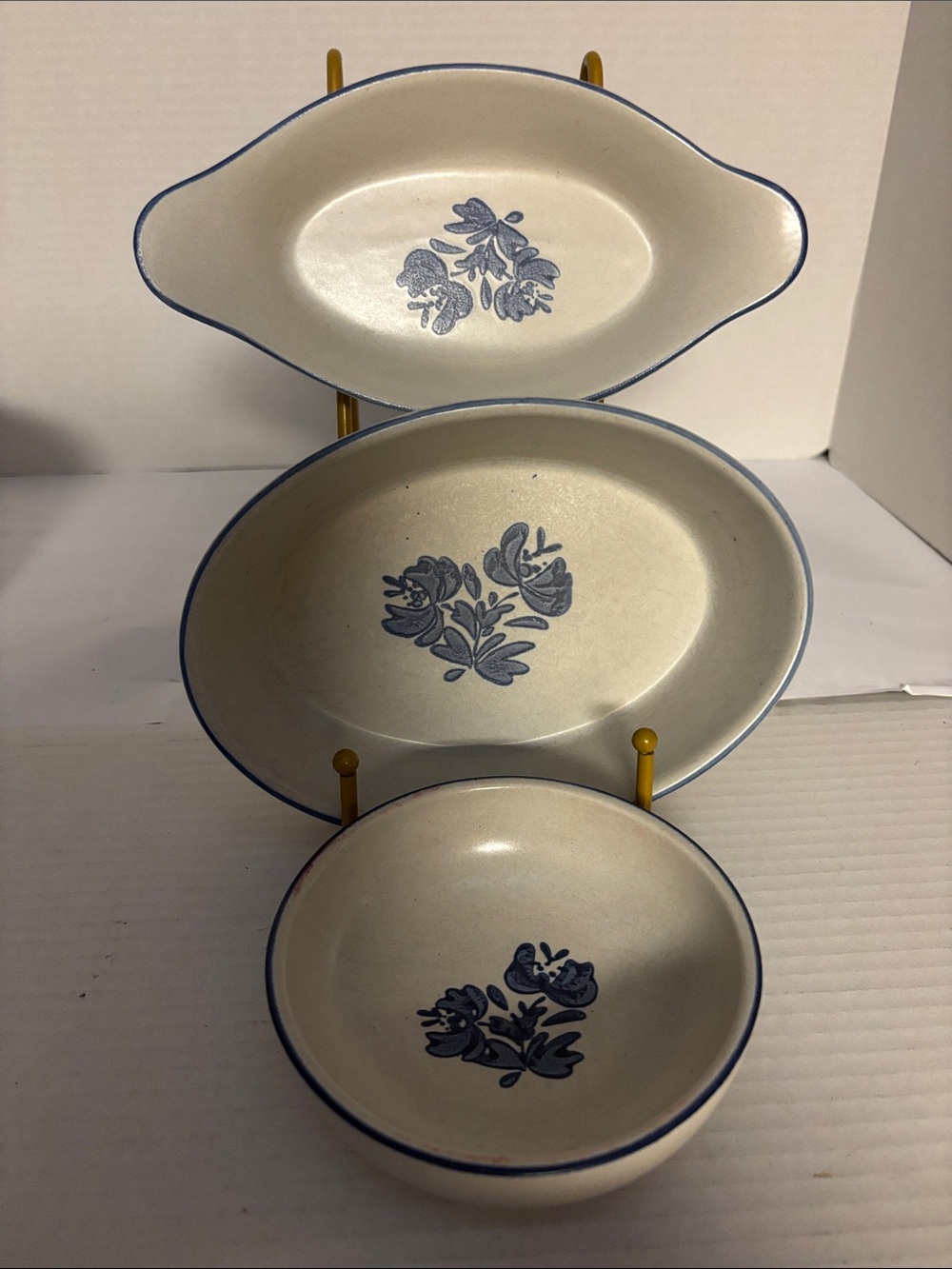 Vintage Blue Floral Ceramic Serving Bowl Set - White with Blue Trim